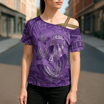 Personalised Polynesia Lupus Support Month Cross Shoulder Shirt Warrior Purple Ribbon Polynesian Butterflies
