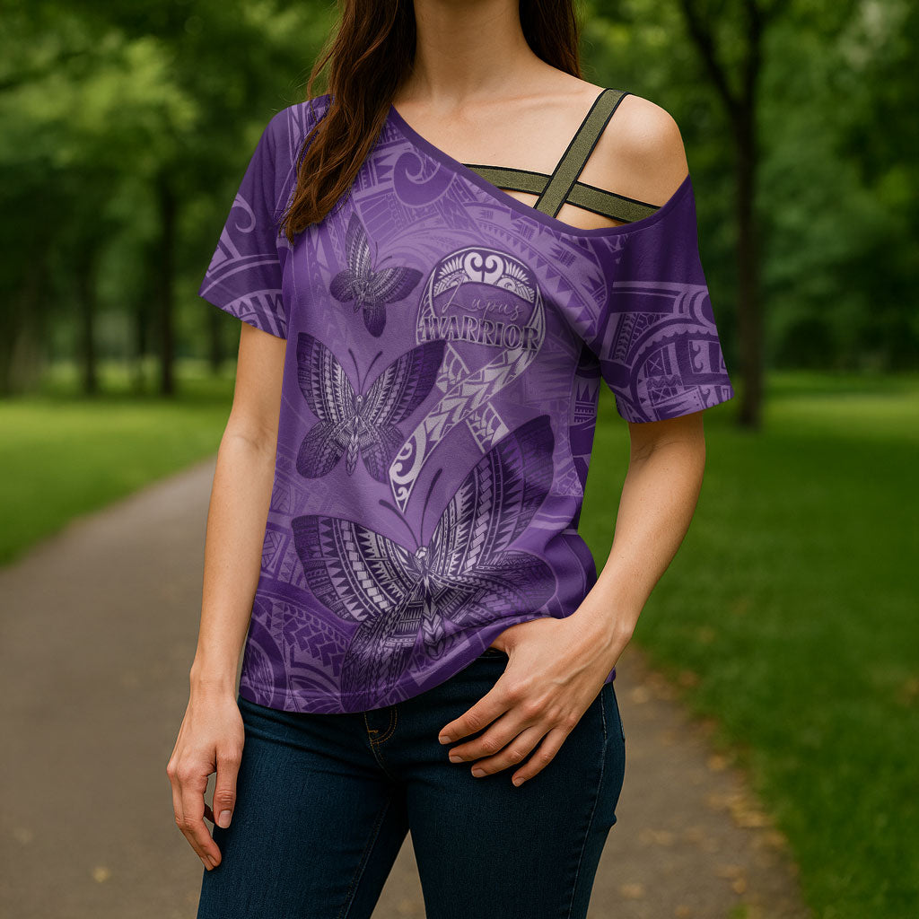 Personalised Polynesia Lupus Support Month Cross Shoulder Shirt Warrior Purple Ribbon Polynesian Butterflies