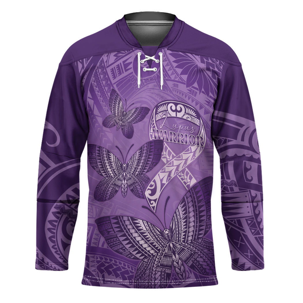 Personalised Polynesia Lupus Support Month Hockey Jersey Warrior Purple Ribbon Polynesian Butterflies