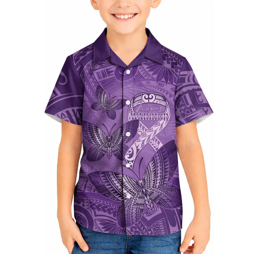 Personalised Polynesia Lupus Support Month Kid Hawaiian Shirt Warrior Purple Ribbon Polynesian Butterflies