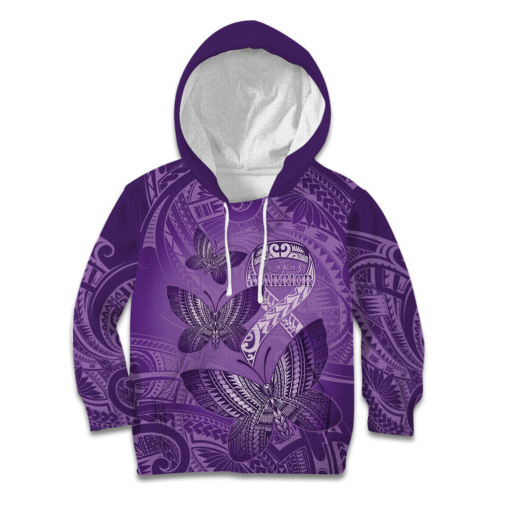 Personalised Polynesia Lupus Support Month Kid Hoodie Warrior Purple Ribbon Polynesian Butterflies