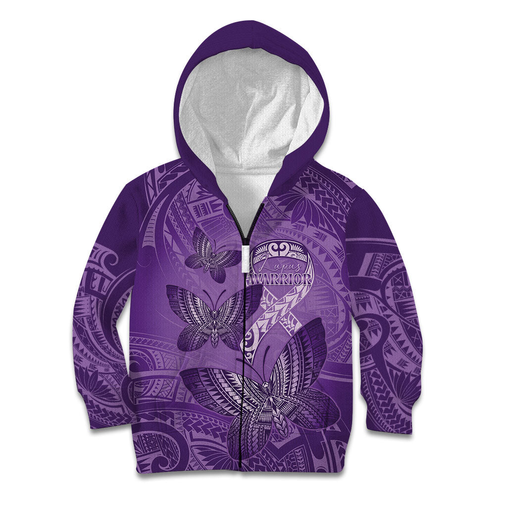 Personalised Polynesia Lupus Support Month Kid Hoodie Warrior Purple Ribbon Polynesian Butterflies
