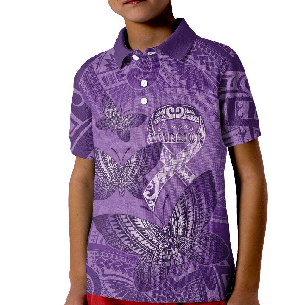 Personalised Polynesia Lupus Support Month Kid Polo Shirt Warrior Purple Ribbon Polynesian Butterflies