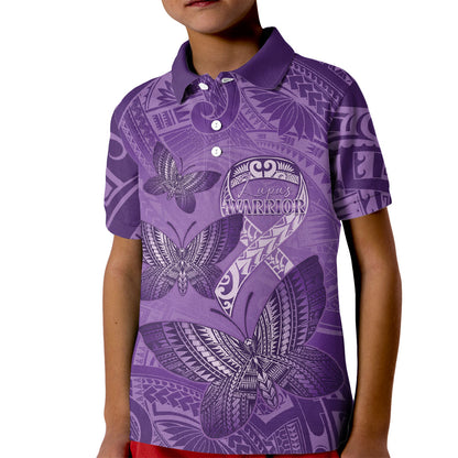 Personalised Polynesia Lupus Support Month Kid Polo Shirt Warrior Purple Ribbon Polynesian Butterflies