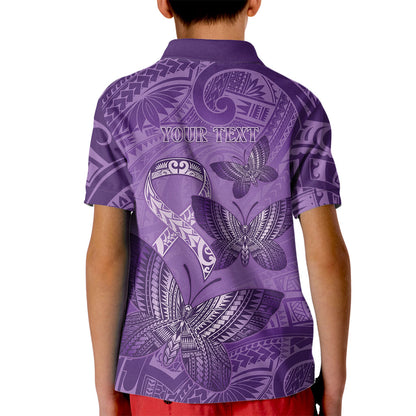 Personalised Polynesia Lupus Support Month Kid Polo Shirt Warrior Purple Ribbon Polynesian Butterflies