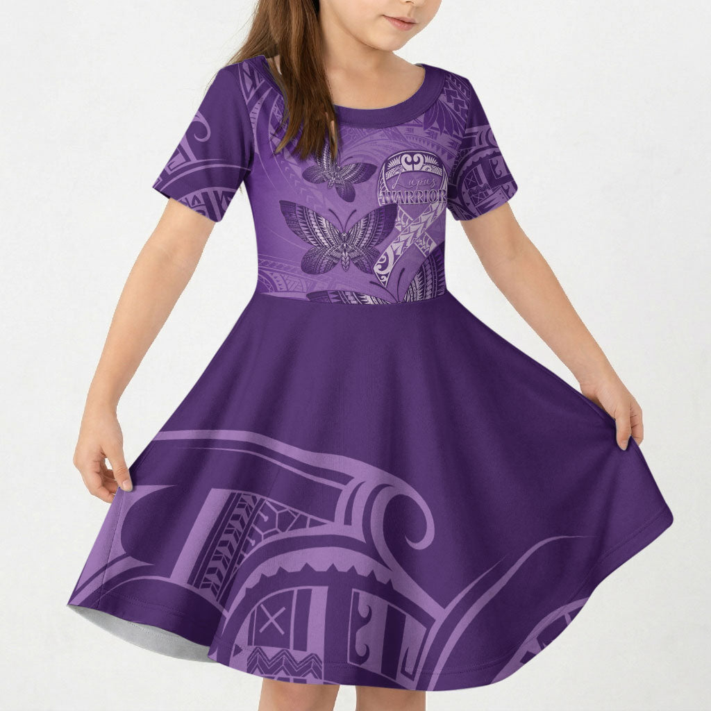 Personalised Polynesia Lupus Support Month Kid Short Sleeve Dress Warrior Purple Ribbon Polynesian Butterflies
