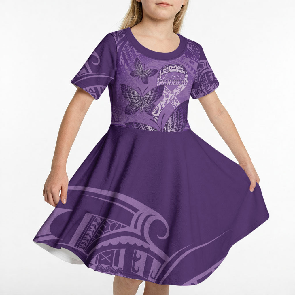 Personalised Polynesia Lupus Support Month Kid Short Sleeve Dress Warrior Purple Ribbon Polynesian Butterflies
