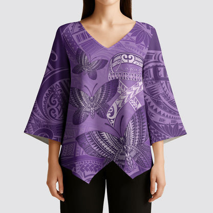 Personalised Polynesia Lupus Support Month Kimono Sleeve Blouse Warrior Purple Ribbon Polynesian Butterflies