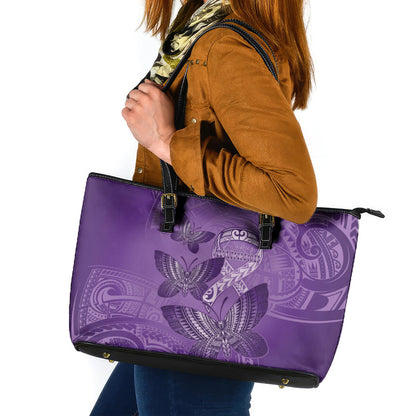 Polynesia Lupus Support Month Leather Tote Bag Warrior Purple Ribbon Polynesian Butterflies