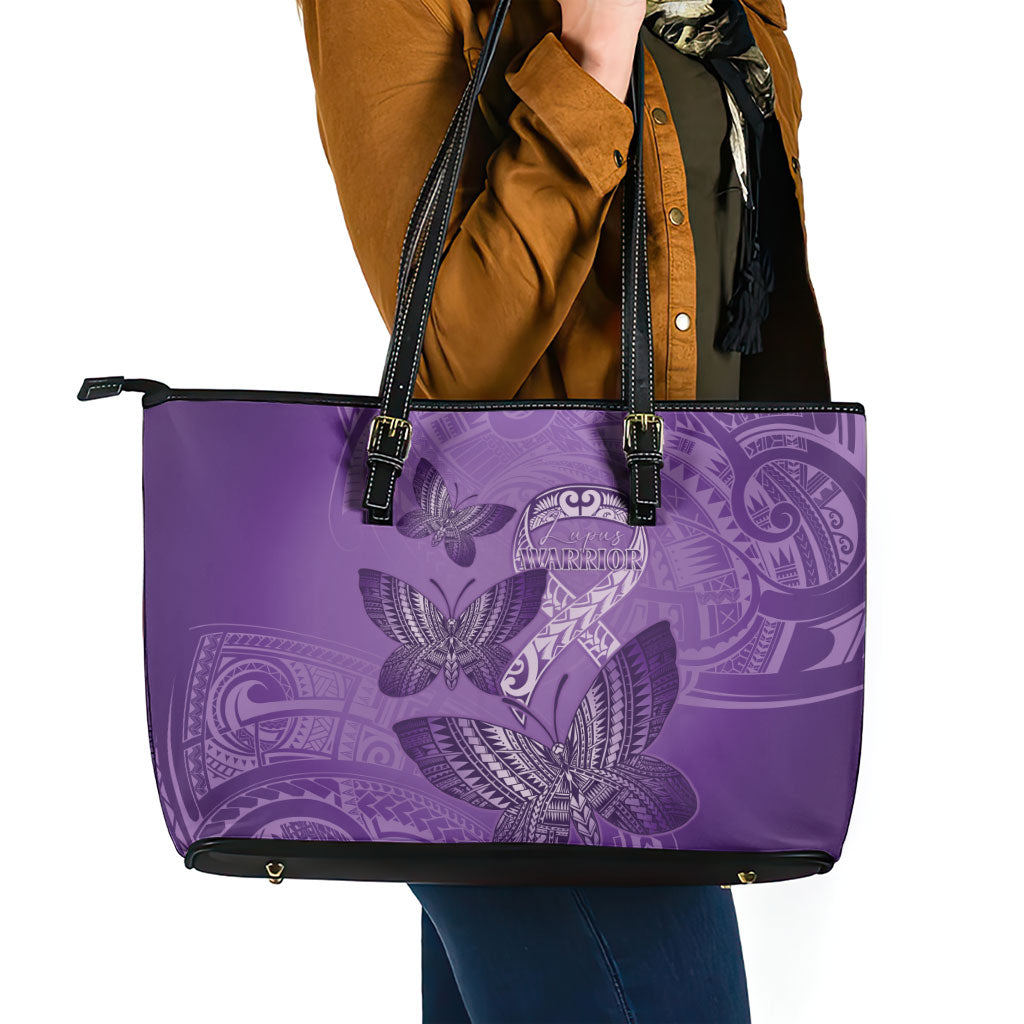 Polynesia Lupus Support Month Leather Tote Bag Warrior Purple Ribbon Polynesian Butterflies