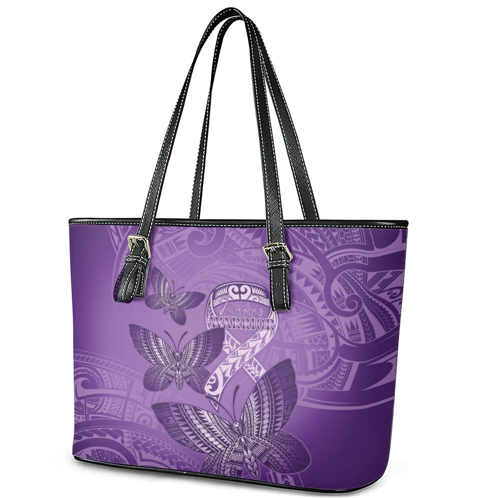 Polynesia Lupus Support Month Leather Tote Bag Warrior Purple Ribbon Polynesian Butterflies