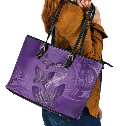 Polynesia Lupus Support Month Leather Tote Bag Warrior Purple Ribbon Polynesian Butterflies