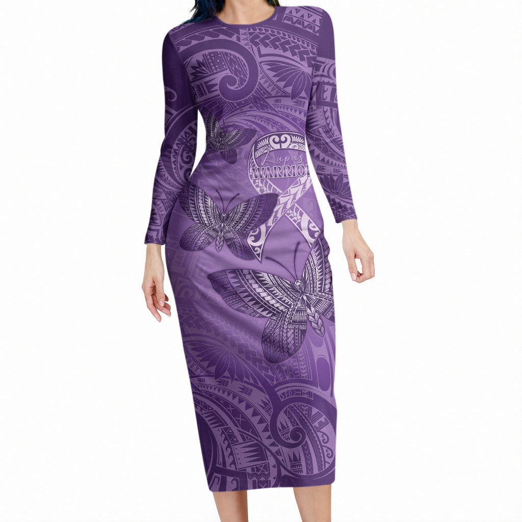 Personalised Polynesia Lupus Support Month Long Sleeve Bodycon Dress Warrior Purple Ribbon Polynesian Butterflies