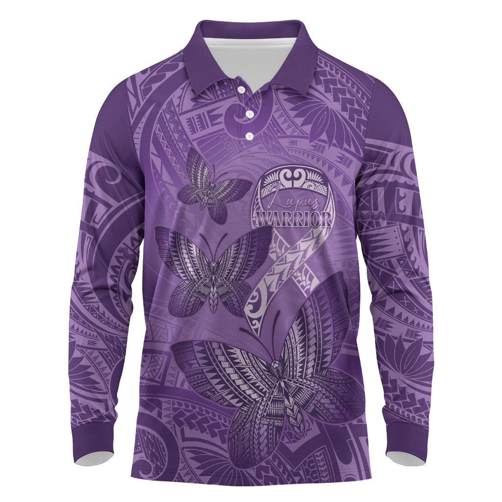 Personalised Polynesia Lupus Support Month Long Sleeve Polo Shirt Warrior Purple Ribbon Polynesian Butterflies