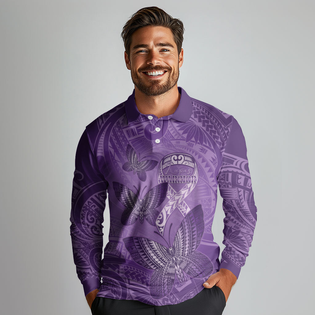 Personalised Polynesia Lupus Support Month Long Sleeve Polo Shirt Warrior Purple Ribbon Polynesian Butterflies