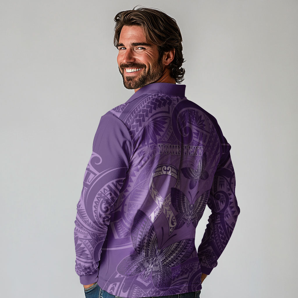 Personalised Polynesia Lupus Support Month Long Sleeve Polo Shirt Warrior Purple Ribbon Polynesian Butterflies