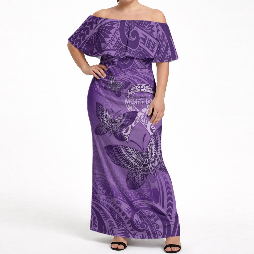 Personalised Polynesia Lupus Support Month Off Shoulder Maxi Dress Warrior Purple Ribbon Polynesian Butterflies