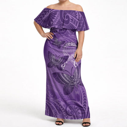 Personalised Polynesia Lupus Support Month Off Shoulder Maxi Dress Warrior Purple Ribbon Polynesian Butterflies