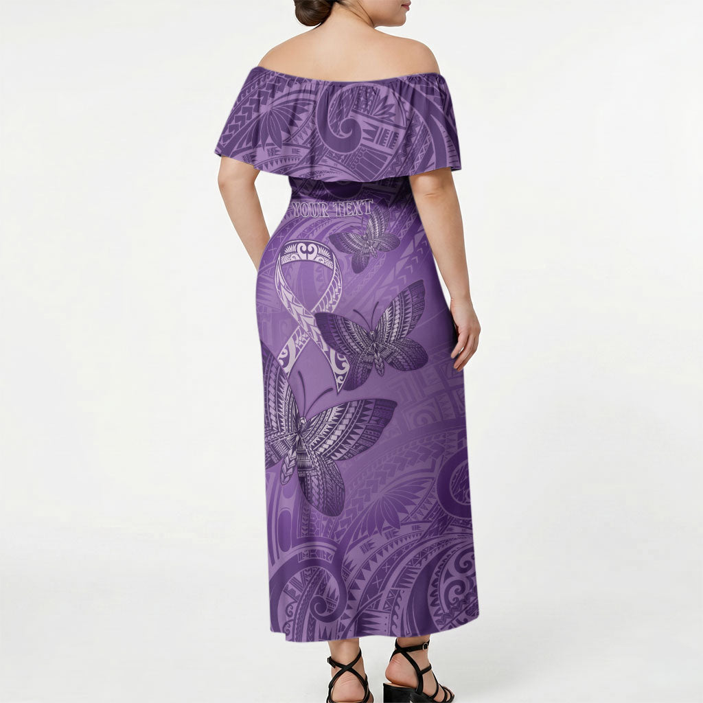 Personalised Polynesia Lupus Support Month Off Shoulder Maxi Dress Warrior Purple Ribbon Polynesian Butterflies