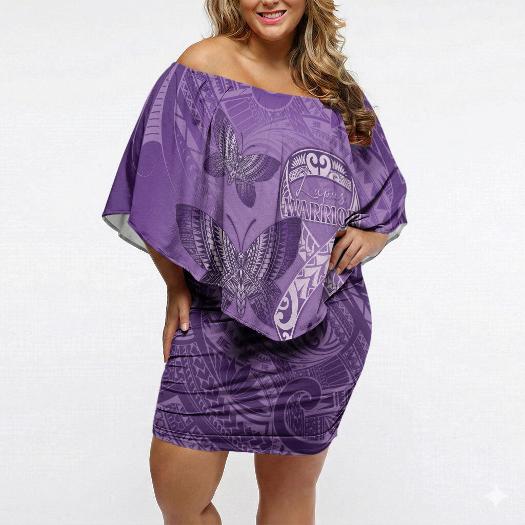 Personalised Polynesia Lupus Support Month Off Shoulder Short Dress Warrior Purple Ribbon Polynesian Butterflies