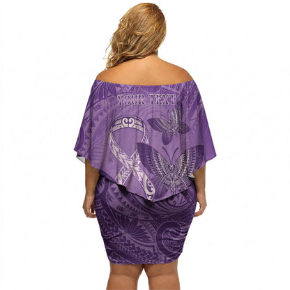 Personalised Polynesia Lupus Support Month Off Shoulder Short Dress Warrior Purple Ribbon Polynesian Butterflies