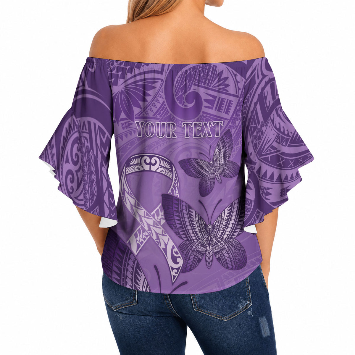 Personalised Polynesia Lupus Support Month Off Shoulder Wrap Waist Top Warrior Purple Ribbon Polynesian Butterflies