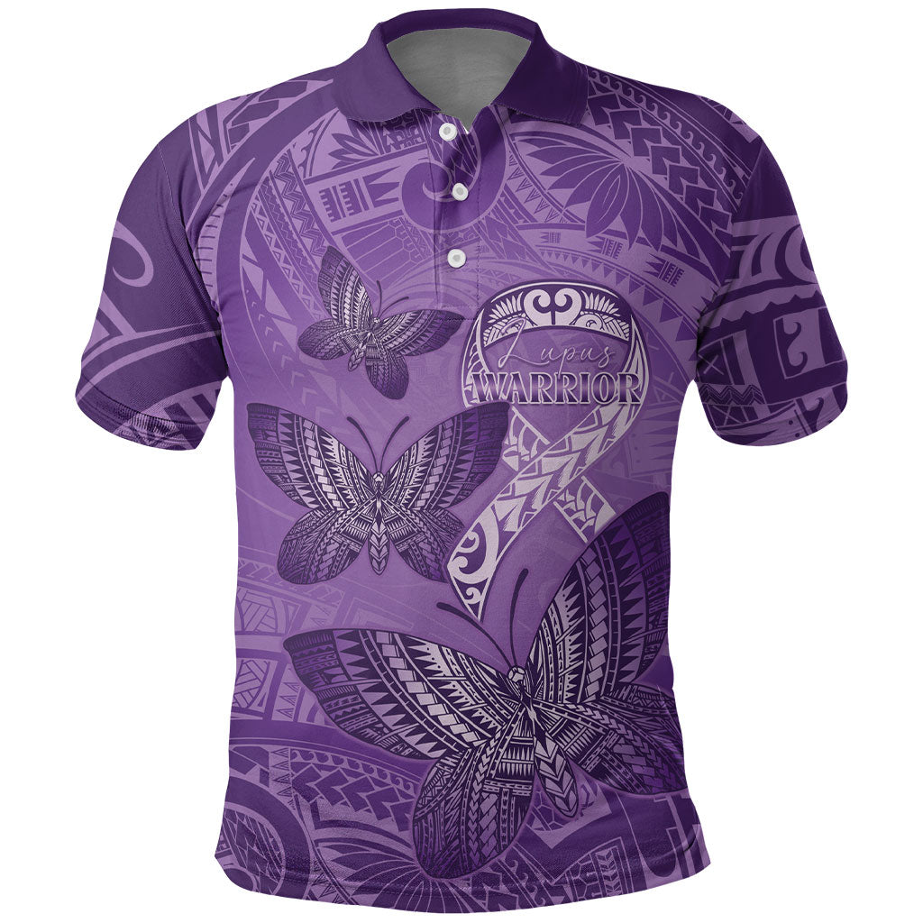 Personalised Polynesia Lupus Support Month Polo Shirt Warrior Purple Ribbon Polynesian Butterflies