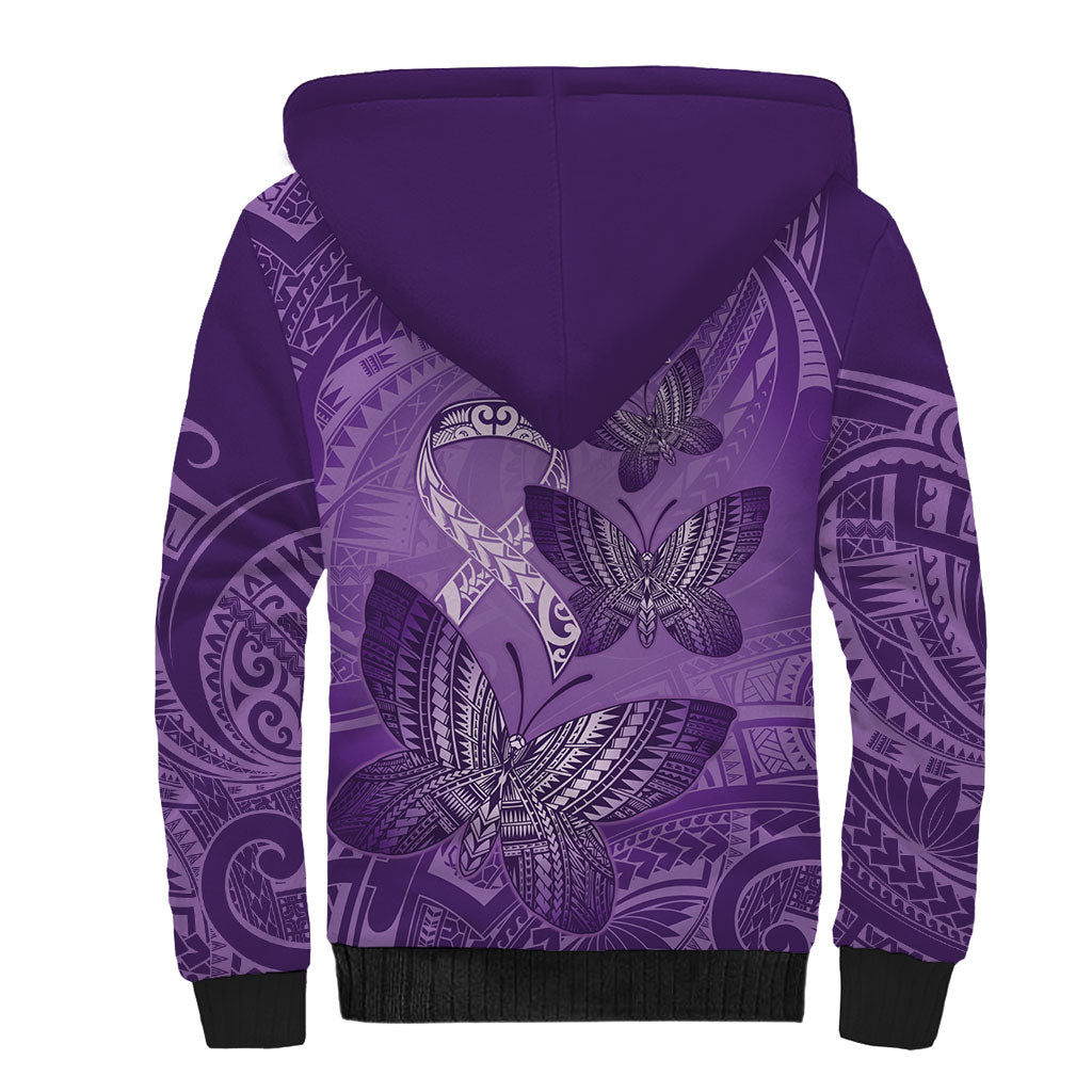 Personalised Polynesia Lupus Support Month Sherpa Hoodie Warrior Purple Ribbon Polynesian Butterflies