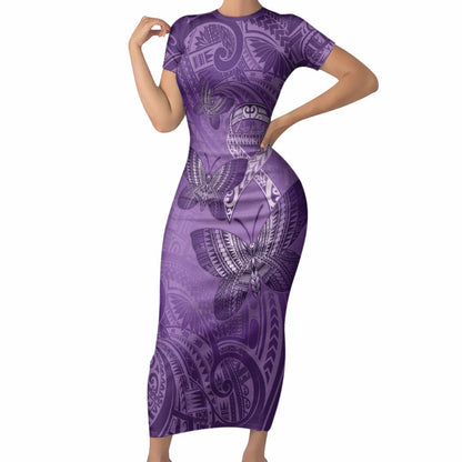 Personalised Polynesia Lupus Support Month Short Sleeve Bodycon Dress Warrior Purple Ribbon Polynesian Butterflies