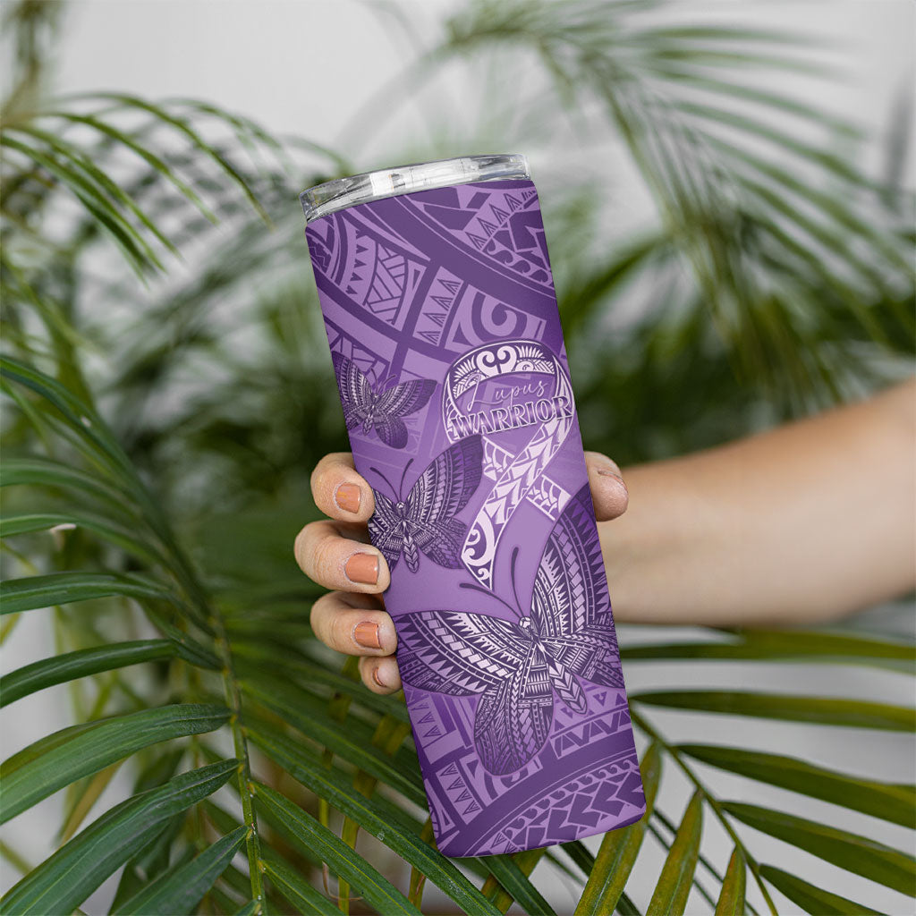 Personalised Polynesia Lupus Support Month Skinny Tumbler Warrior Purple Ribbon Polynesian Butterflies