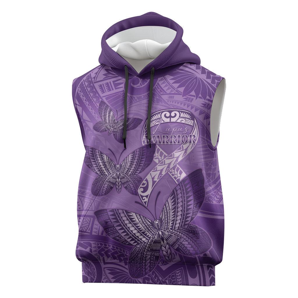 Personalised Polynesia Lupus Support Month Sleeveless Hoodie Warrior Purple Ribbon Polynesian Butterflies
