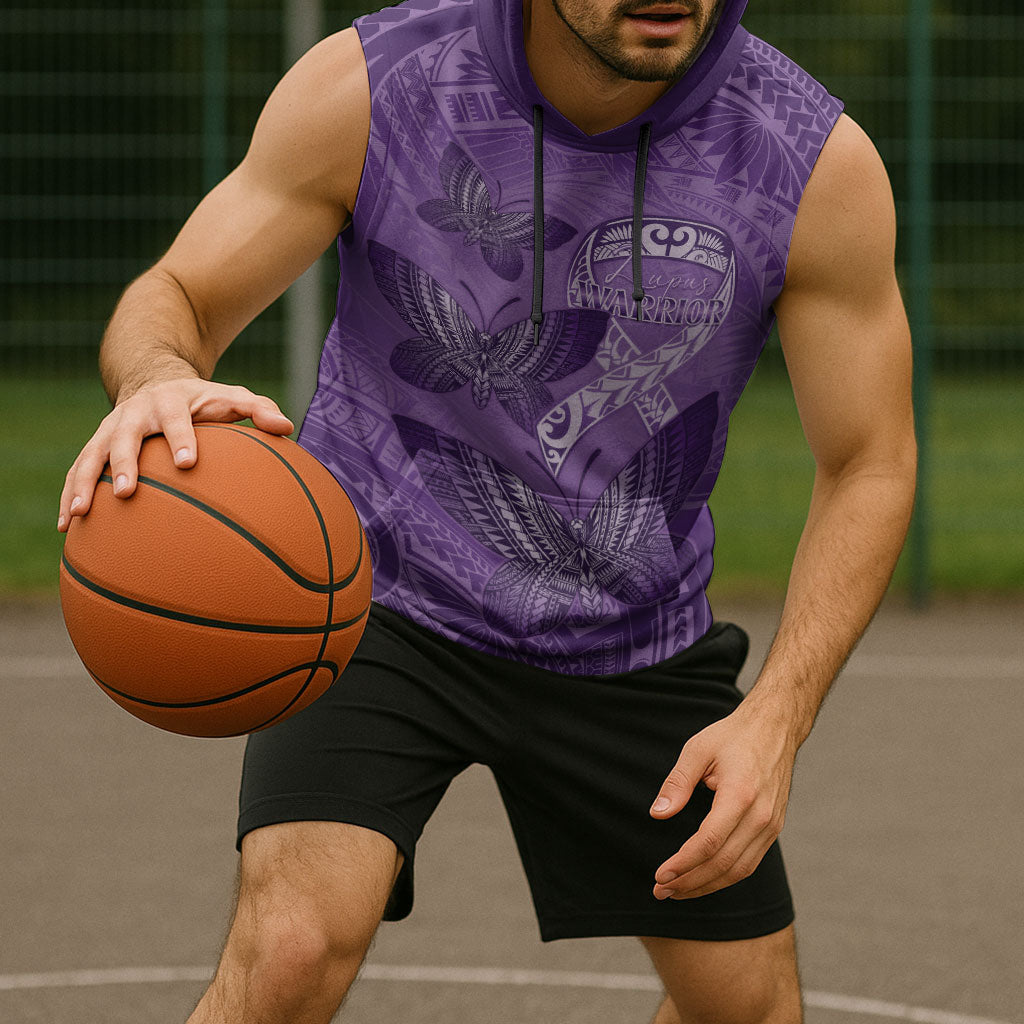 Personalised Polynesia Lupus Support Month Sleeveless Hoodie Warrior Purple Ribbon Polynesian Butterflies