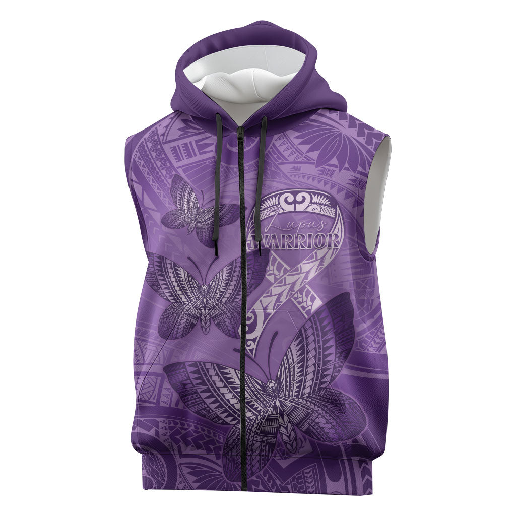 Personalised Polynesia Lupus Support Month Sleeveless Zip Hoodie Warrior Purple Ribbon Polynesian Butterflies