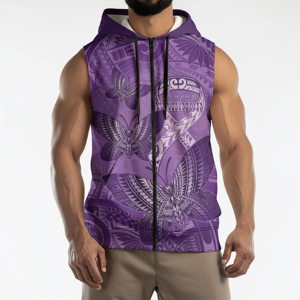 Personalised Polynesia Lupus Support Month Sleeveless Zip Hoodie Warrior Purple Ribbon Polynesian Butterflies