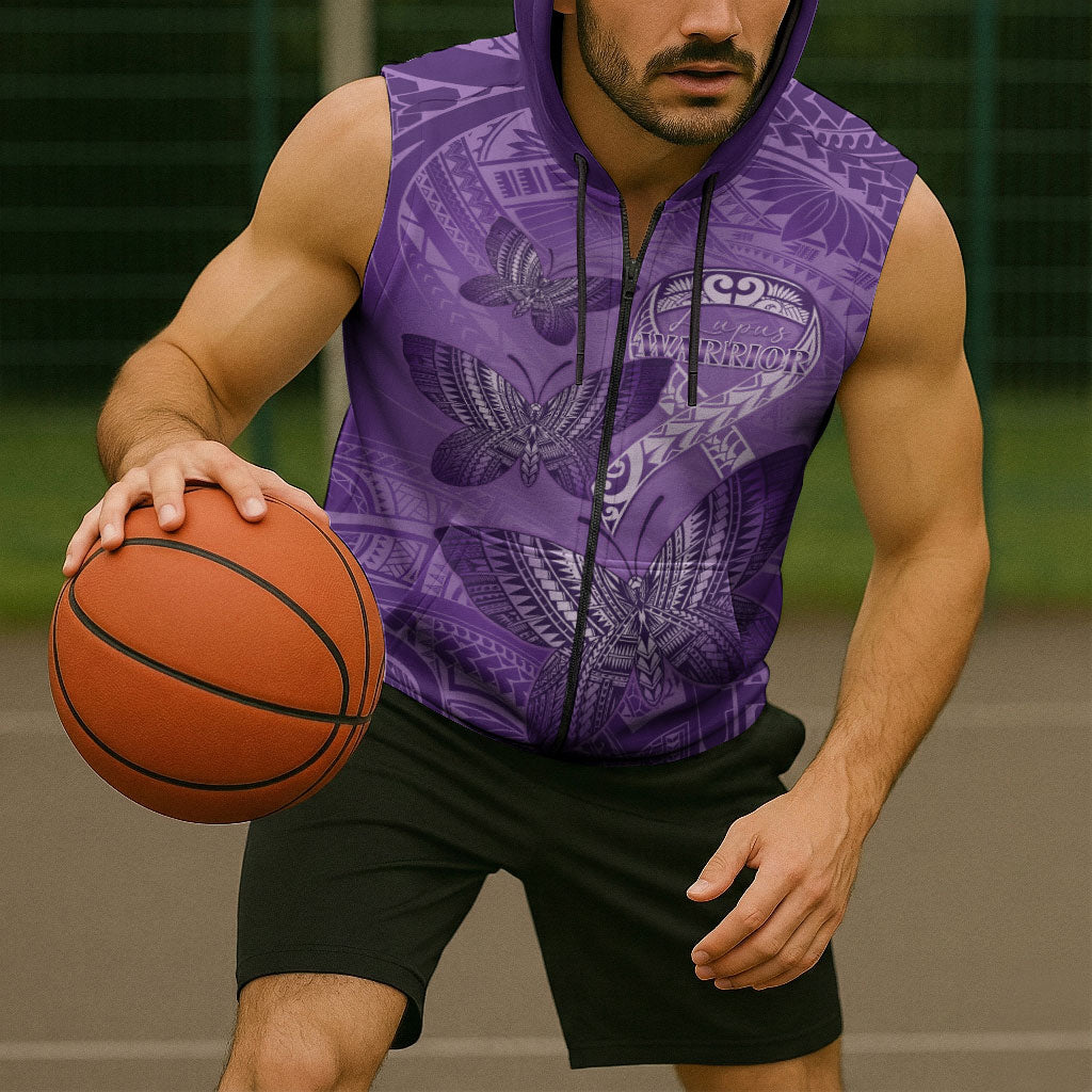 Personalised Polynesia Lupus Support Month Sleeveless Zip Hoodie Warrior Purple Ribbon Polynesian Butterflies