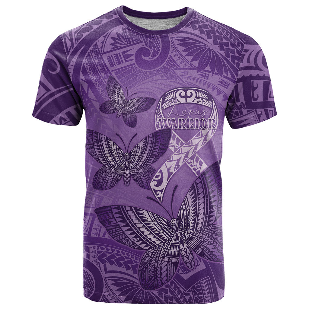 Personalised Polynesia Lupus Support Month T Shirt Warrior Purple Ribbon Polynesian Butterflies