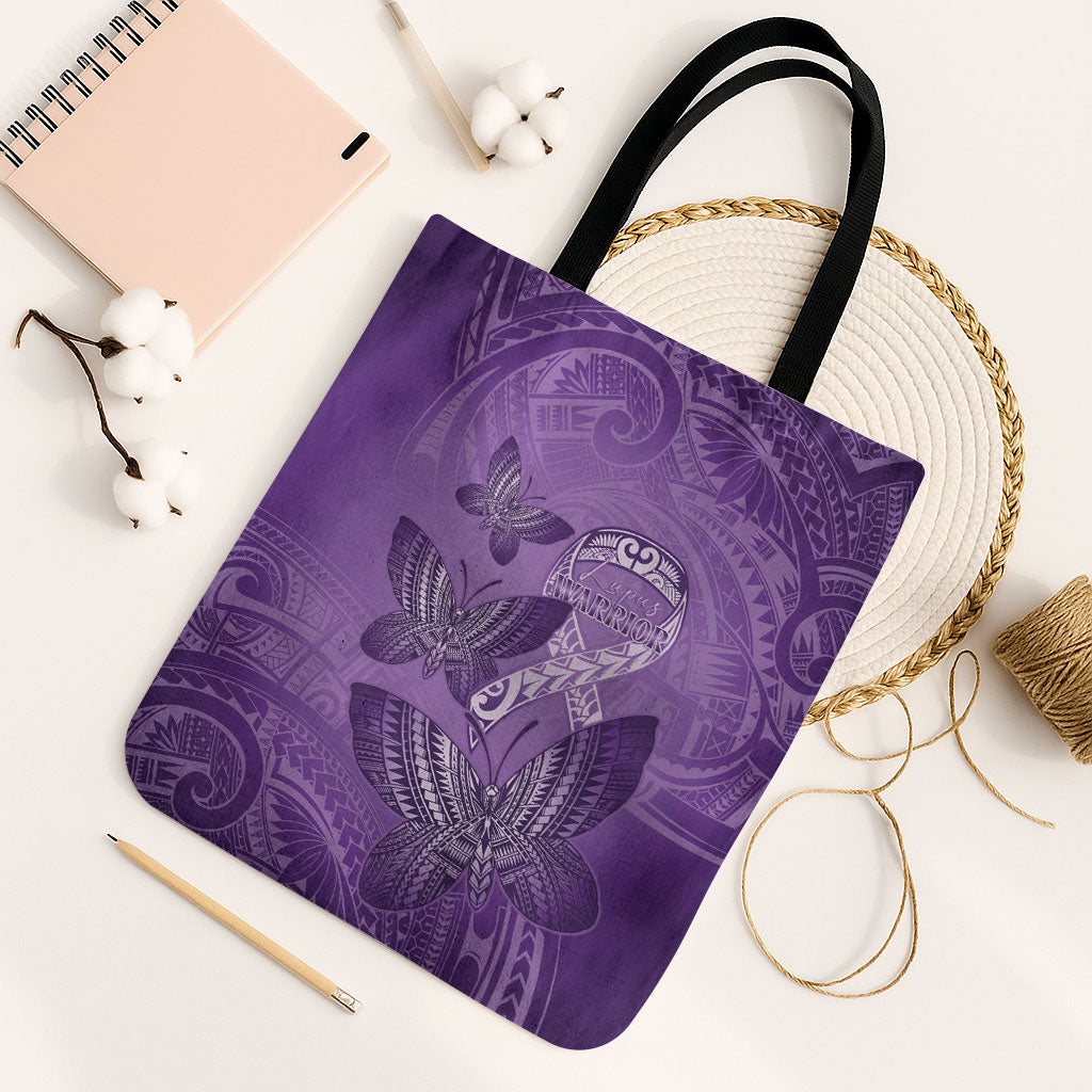 Polynesia Lupus Support Month Tote Bag Warrior Purple Ribbon Polynesian Butterflies