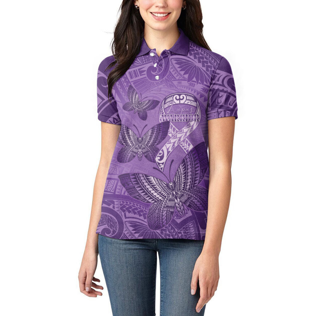 Personalised Polynesia Lupus Support Month Women Polo Shirt Warrior Purple Ribbon Polynesian Butterflies