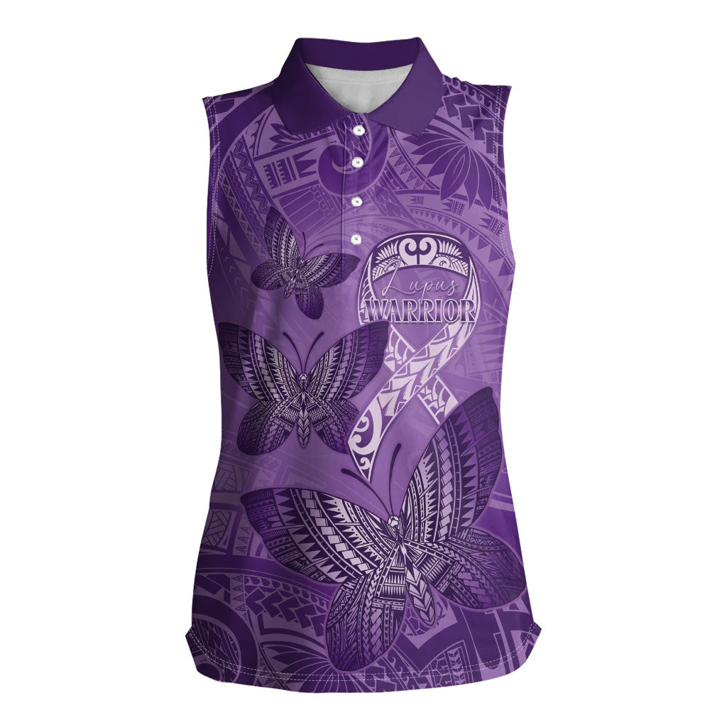 Personalised Polynesia Lupus Support Month Women Sleeveless Polo Shirt Warrior Purple Ribbon Polynesian Butterflies
