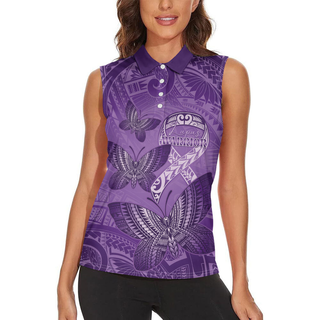 Personalised Polynesia Lupus Support Month Women Sleeveless Polo Shirt Warrior Purple Ribbon Polynesian Butterflies