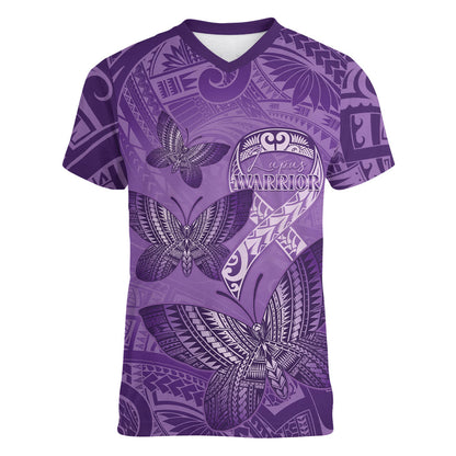 Personalised Polynesia Lupus Support Month Women V-Neck T-Shirt Warrior Purple Ribbon Polynesian Butterflies
