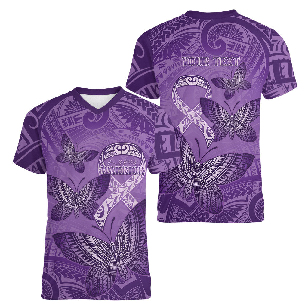 Personalised Polynesia Lupus Support Month Women V-Neck T-Shirt Warrior Purple Ribbon Polynesian Butterflies