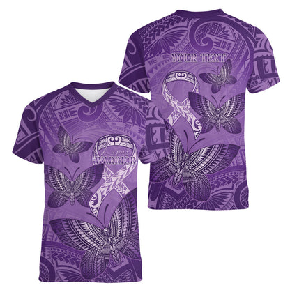 Personalised Polynesia Lupus Support Month Women V-Neck T-Shirt Warrior Purple Ribbon Polynesian Butterflies