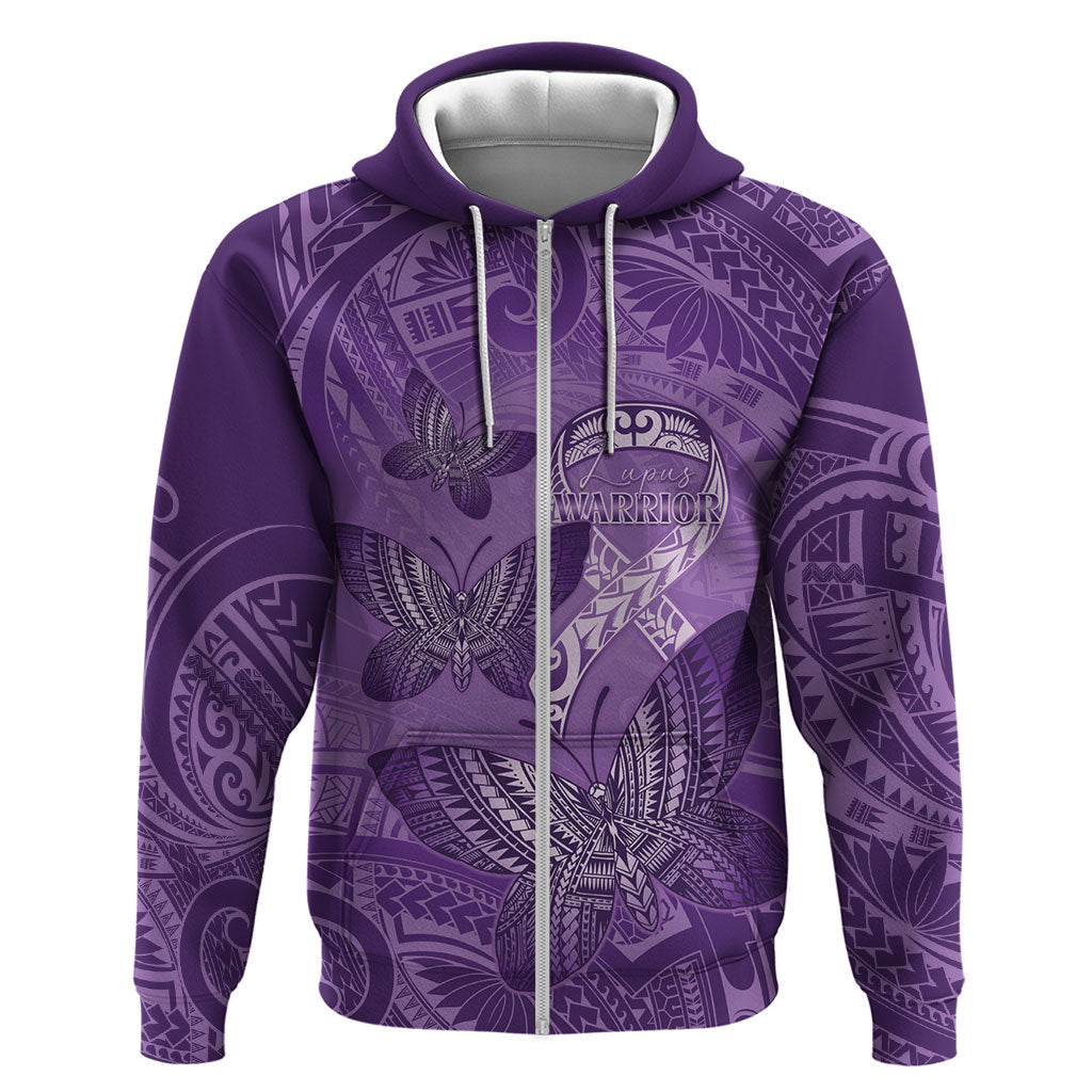 Personalised Polynesia Lupus Support Month Zip Hoodie Warrior Purple Ribbon Polynesian Butterflies