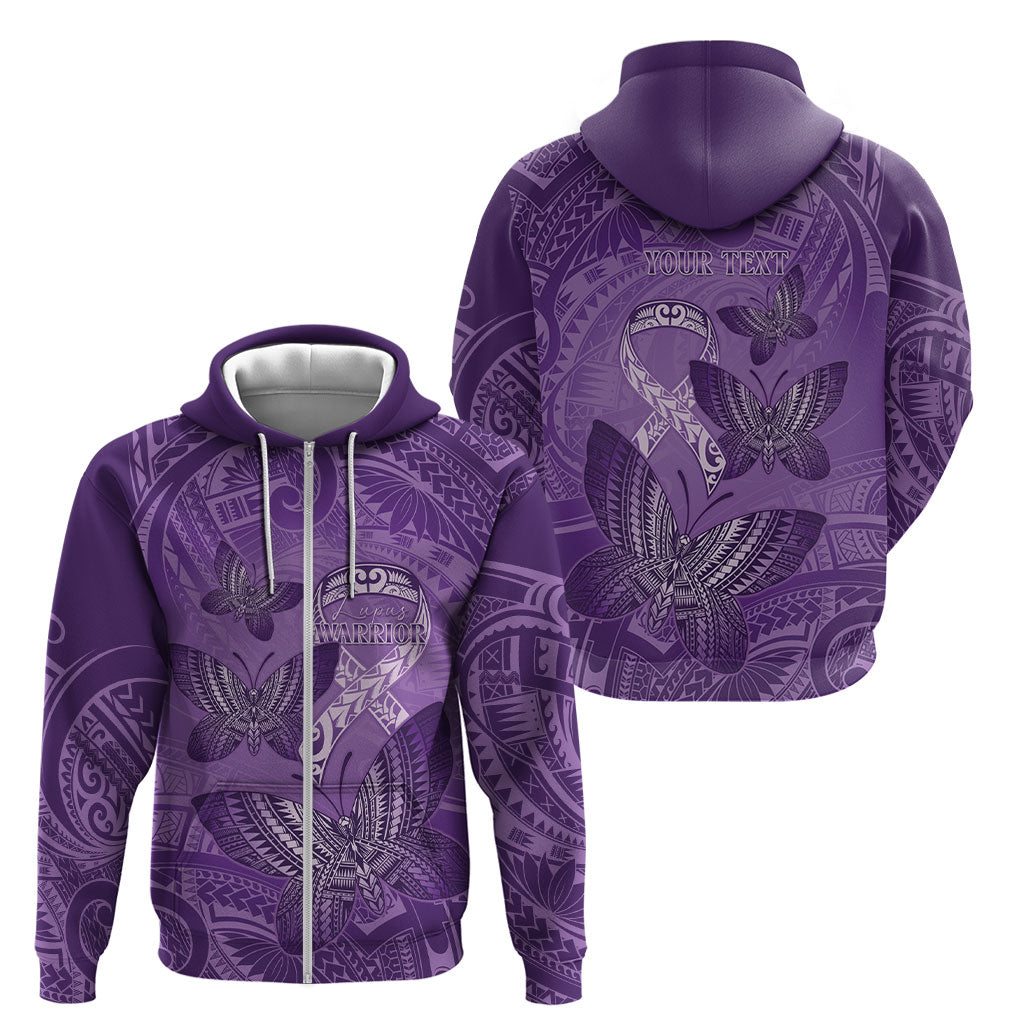 Personalised Polynesia Lupus Support Month Zip Hoodie Warrior Purple Ribbon Polynesian Butterflies