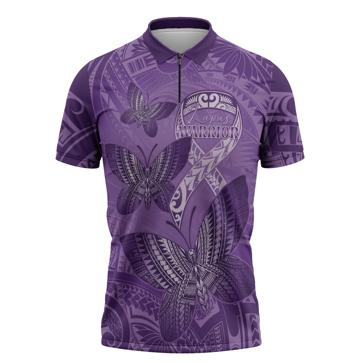 Personalised Polynesia Lupus Support Month Zipper Polo Shirt Warrior Purple Ribbon Polynesian Butterflies