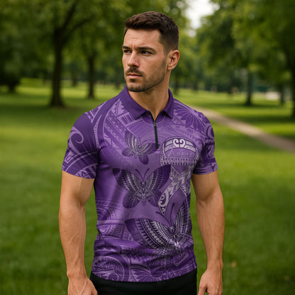 Personalised Polynesia Lupus Support Month Zipper Polo Shirt Warrior Purple Ribbon Polynesian Butterflies