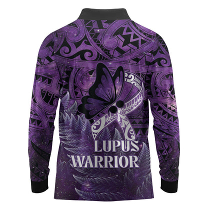 Lupus Support Month New Zealand Long Sleeve Polo Shirt Be Strong Warrior Maori Silver Fern