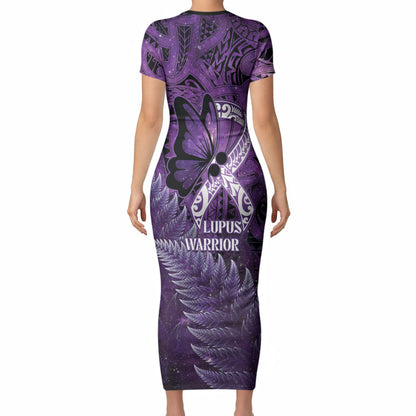 Lupus Support Month New Zealand Short Sleeve Bodycon Dress Be Strong Warrior Maori Silver Fern