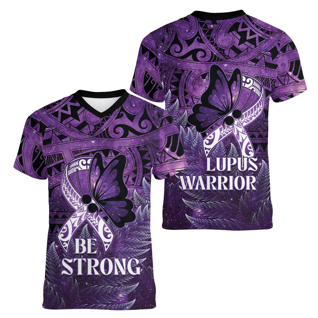Lupus Support Month New Zealand Women V-Neck T-Shirt Be Strong Warrior Maori Silver Fern